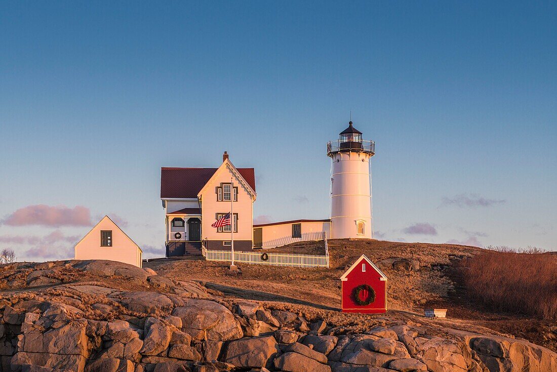 United States, Maine, York Beach, Nubble Light lighthouse, dusk