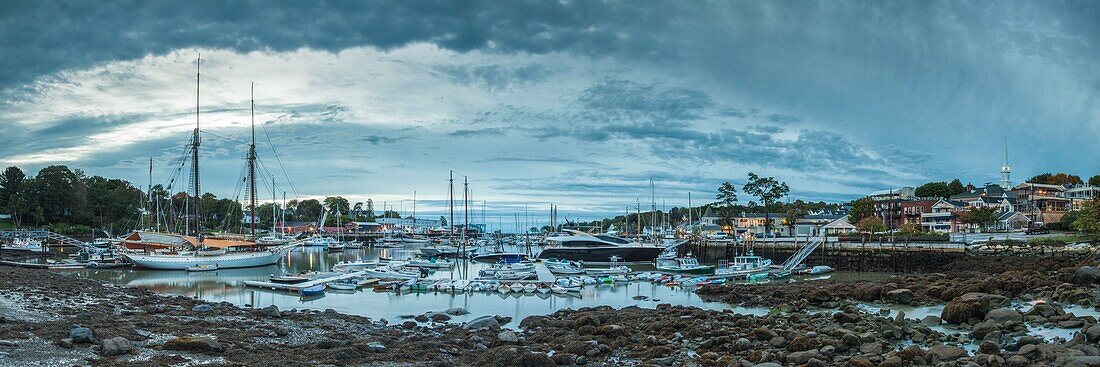 United States, Maine, Camden, Camden Harbor with schooners, dawn