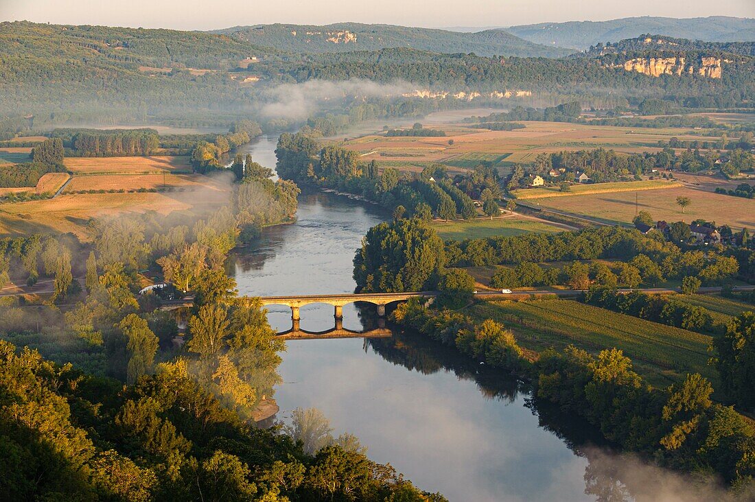 France, Dordogne, Domme, panorama over the Dordogne river (aerial view)