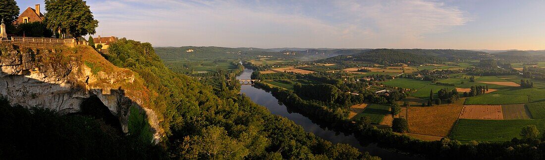 France, Dordogne, Domme, panorama over the Dordogne river (aerial view)