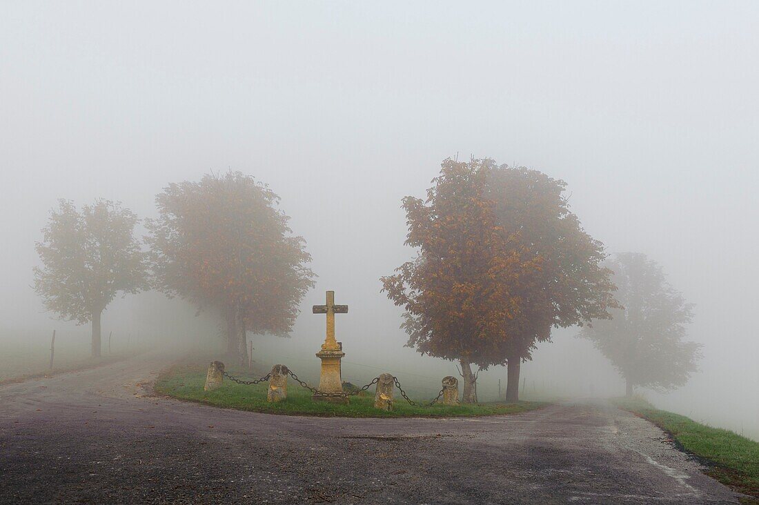 France, Dordogne, countryside, calvary along the road