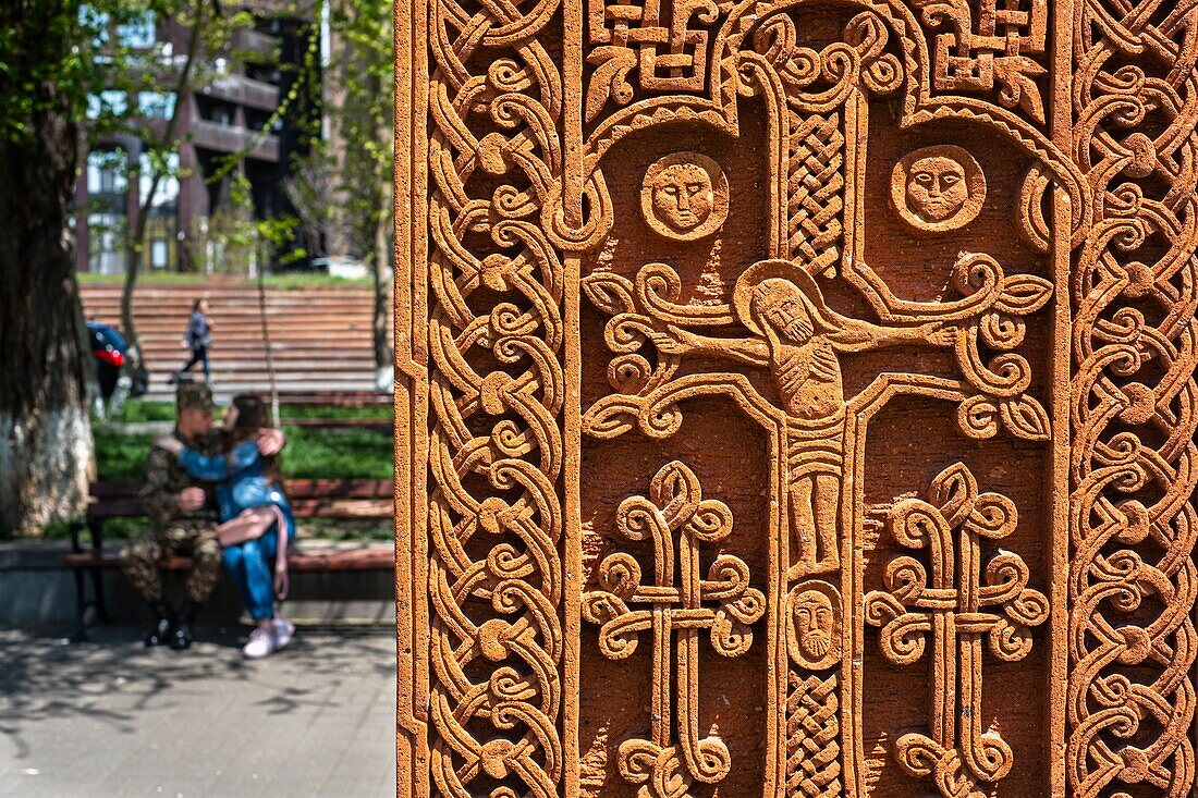 Armenia, Yerevan, open-air exhibition called Cultural Genocide : Symbol of Khachkars (cross stones, carved memorial steles) in the park situated at the junction of Nalbandyan and Hanrapetutyan streets