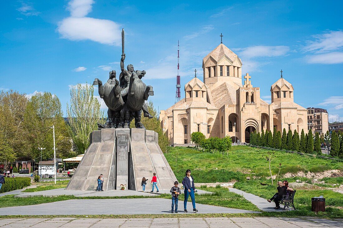 Armenia, Yerevan, Saint Gregory the Illuminator Cathedral completed in 2001 and general Andranik statue, national hero