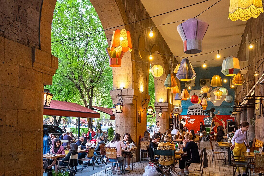 Armenia, Yerevan, restaurant at the foot of the Cascade, huge staircase of 572 steps offering a view over the city and Mount Ararat