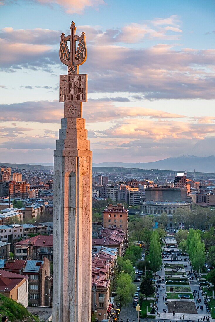 Armenia, Yerevan, panorama from the top of the Cascade, huge staircase of 572 steps built in the 70s, with terraced gardens, fountains and sculptures, Mount Ararat in the background