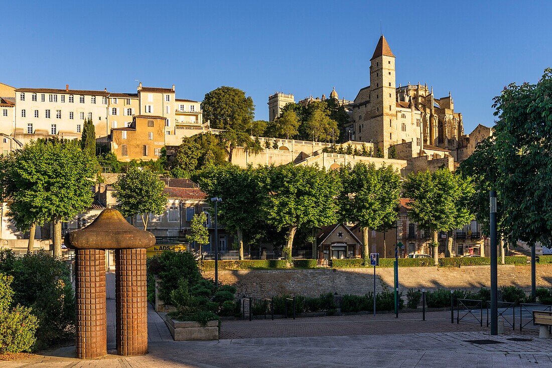 France, Gers , Auch, stop on El Camino de Santiago, view from Barbes square, contemporary sculpture L'Abri Impossible of the artist Jaume Plensa