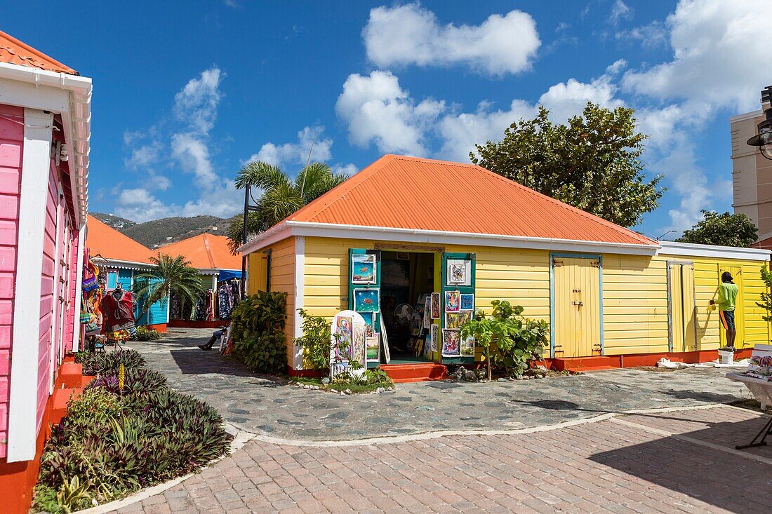 West Indies, British Virgin Islands, Tortola Island, Tortola, souvenir shops on the Tortola docks