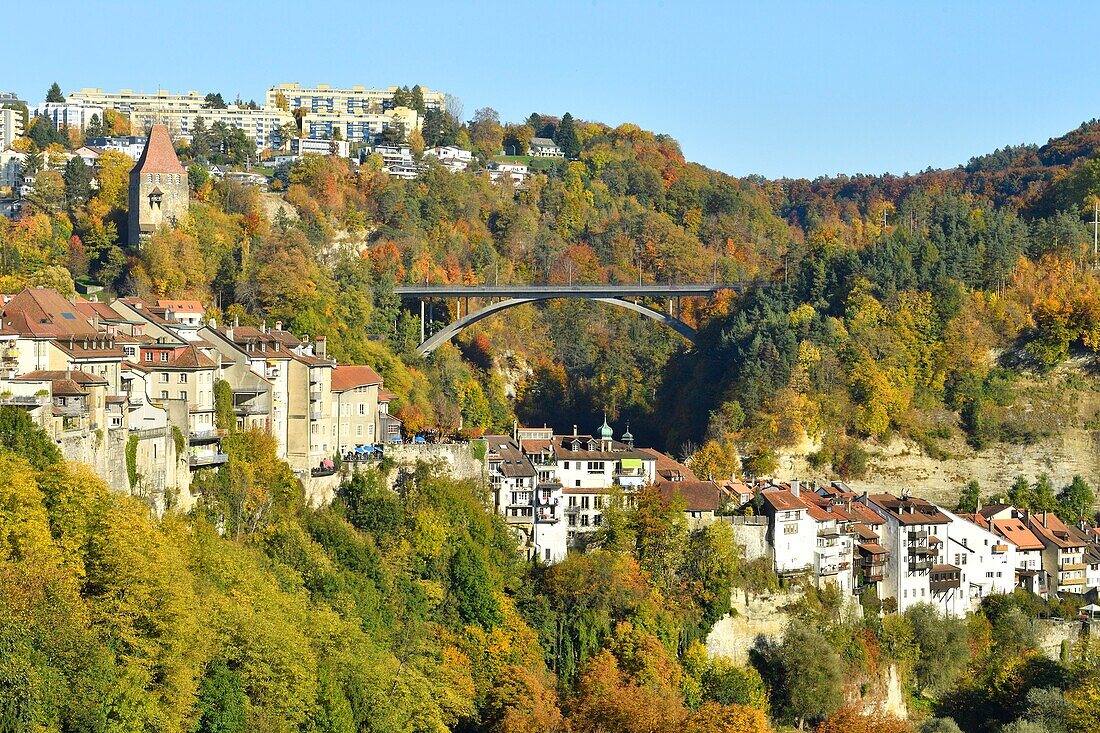 Switzerland, Canton of Fribourg, Fribourg, Lower Town, fortifications and Gotteron bridge