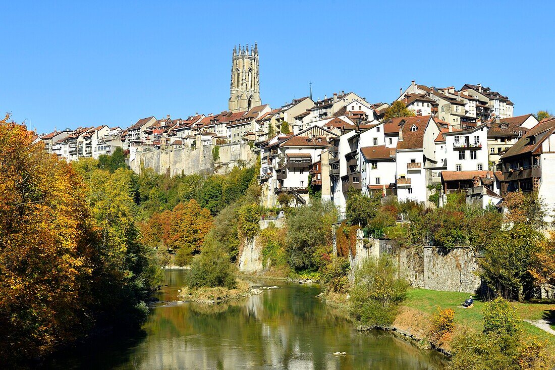 Schweiz, Kanton Freiburg, Freiburg, Ufer der Saane, Blick von der Festung und der Kathedrale San Nicolas