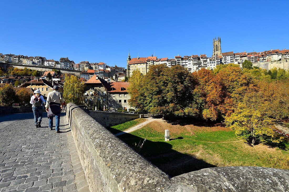 Schweiz, Kanton Freiburg, Freiburg, Unterstadt, Ufer der Saane, Johannesbrücke und Nikolauskathedrale