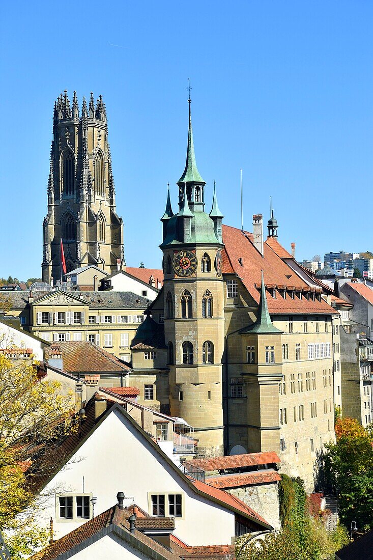 Switzerland, Canton of Fribourg, Fribourg, City Hall and San Nicolas Cathedral