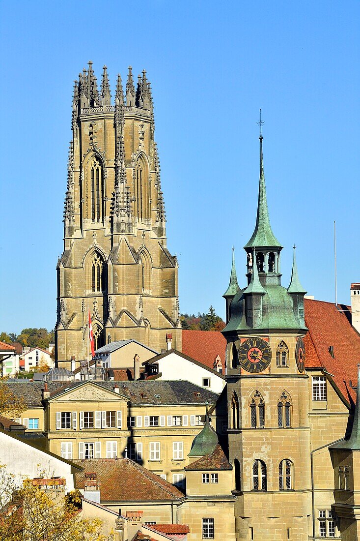 Switzerland, Canton of Fribourg, Fribourg, City Hall and San Nicolas Cathedral