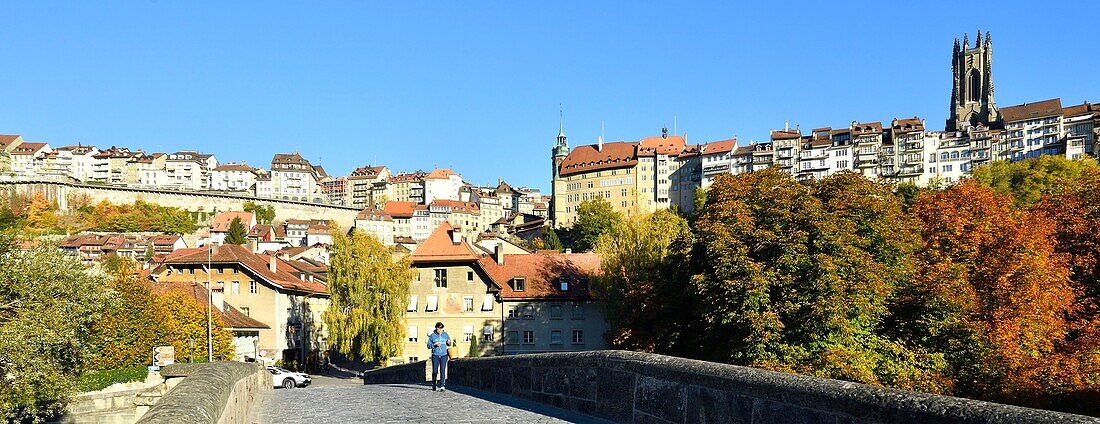 Schweiz, Kanton Freiburg, Freiburg, Unterstadt, Ufer der Saane, Johannesbrücke und Nikolauskathedrale