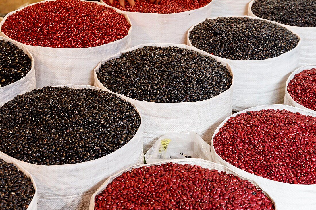 Mexico, Chiapas state, San Cristobal de las Casas, red and black beans bags (frijoles)