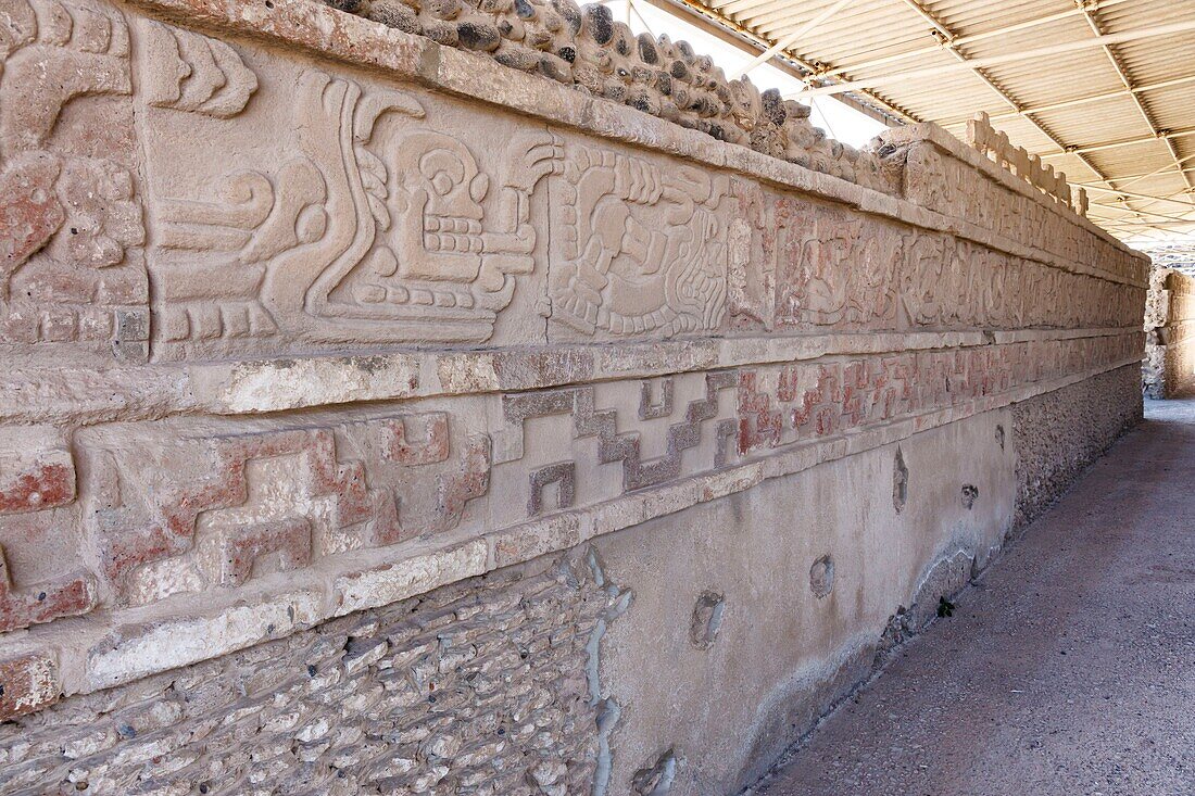 Mexico, Hidalgo state, Tula de Allende, Toltec archaeological site, Coatepantli or serpents wall