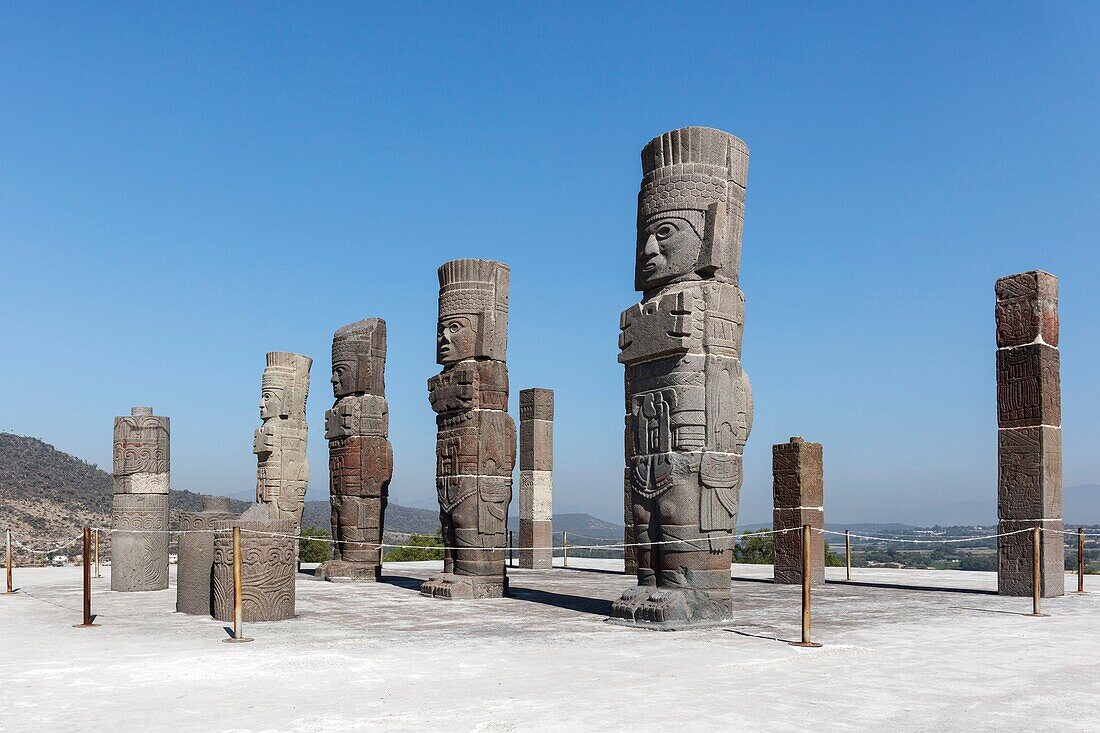 Mexico, Hidalgo state, Tula de Allende, Toltec archaeological site, pillars the Atlantes on the Pyramid of Quetzalcoatl or of the Morning Star