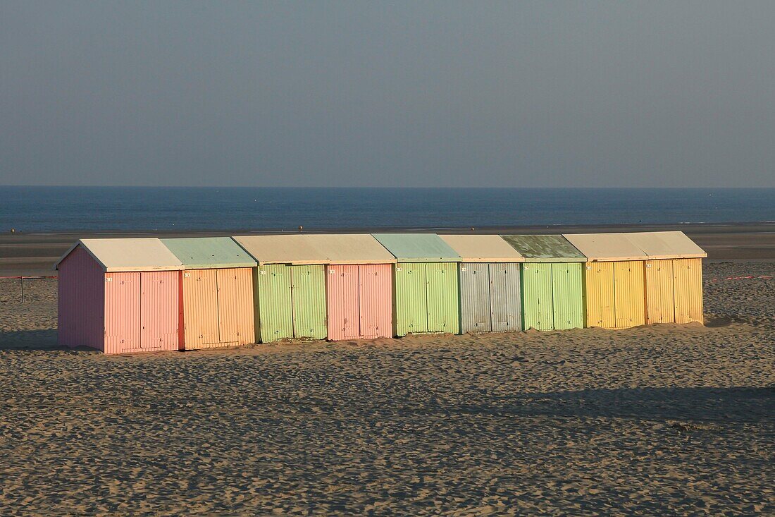 France, Pas de Calais, Berck sur Mer, Opal Coast, cabins on the beach of Berck sur Mer in the morning