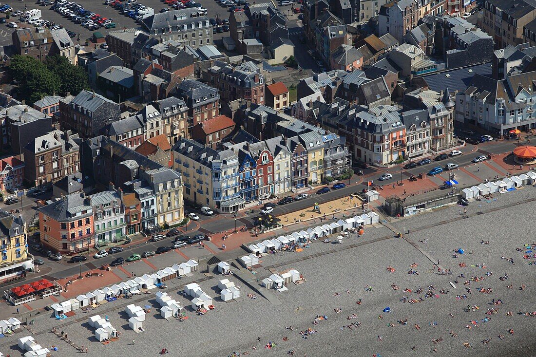 France, Somme, Mers les Bains, the beach in Mers les Bains (aerial view)