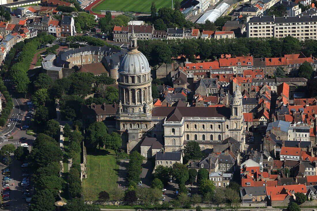 France, Pas de Calais, Boulogne sur Mer, the Notre Dame de l'Immaculee Conception Basilica in the Upper Town of Boulogne sur Mer, aerial view