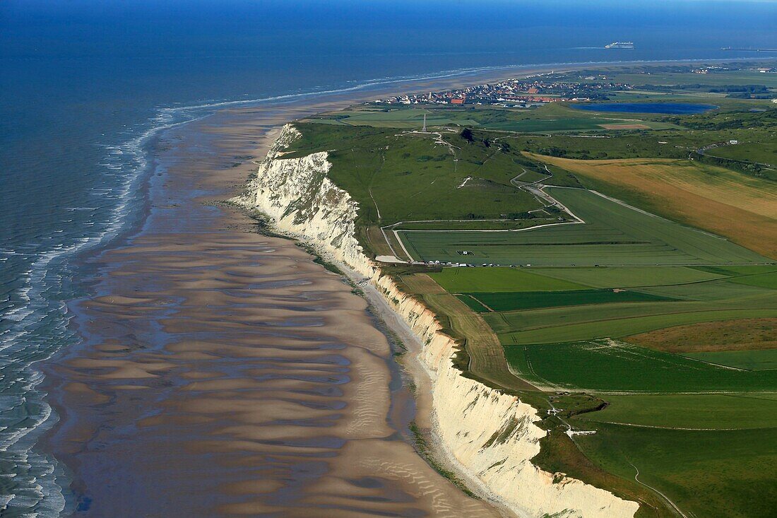 France, Pas de Calais, Cap Blanc Nez labeled Grand site of France with the city of Sangatte in the background (aerial view)