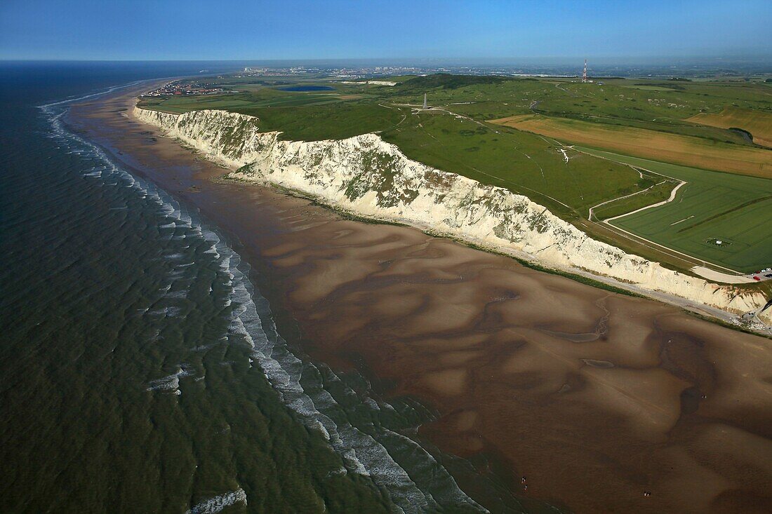 France, Pas de Calais, Cap Blanc Nez labeled Grand site of France with the city of Sangatte in the background (aerial view)