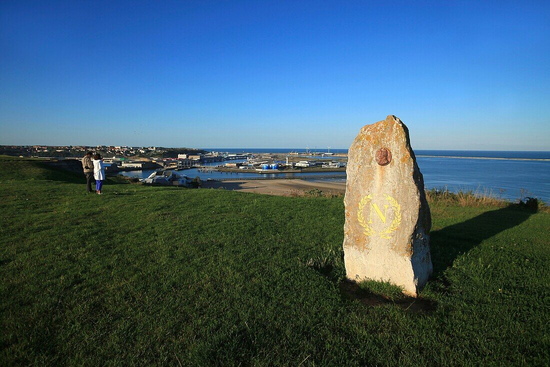 France, Pas de Calais, Boulogne sur Mer, commemorative sandstone block in honor of Napoleon. The barracks of the command of the Napoleonic army were on this plateau overlooking the beaches of Boulogne sur Mer