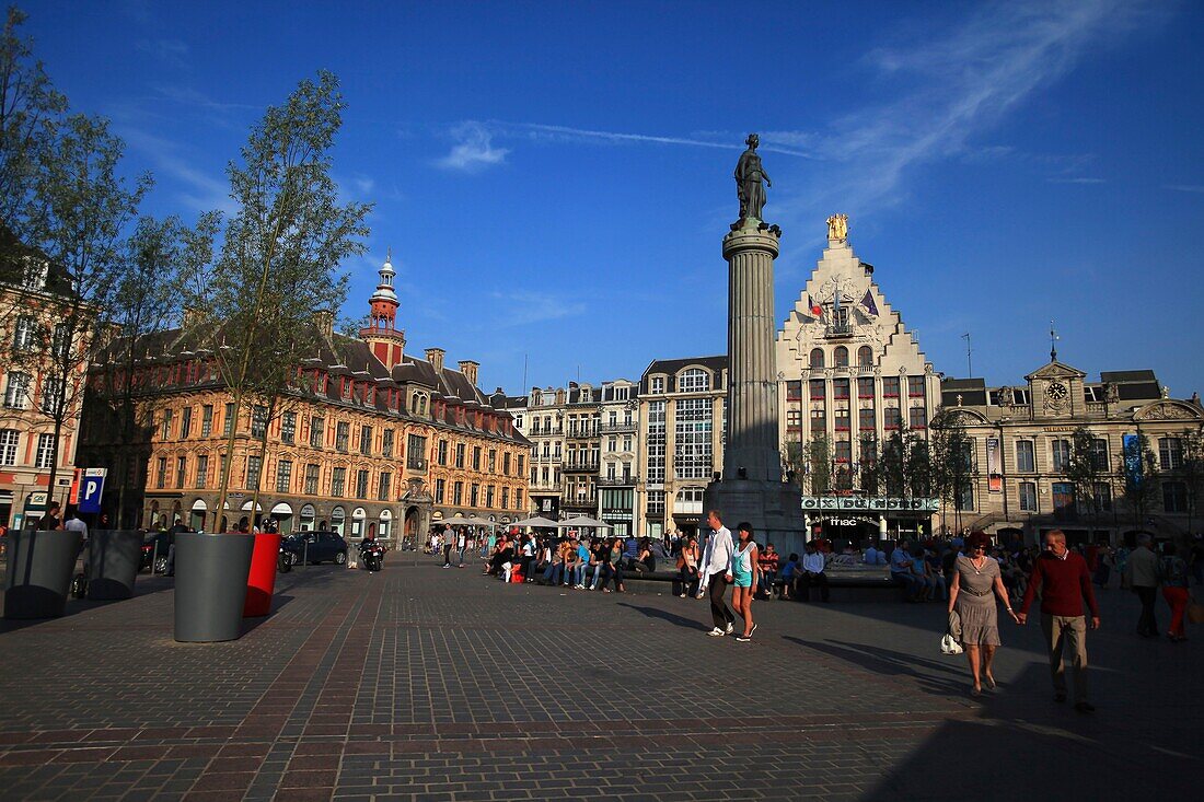 France, Nord, Lille, Place du General De Gaulle or Grand Place with the statue of the goddess on its column