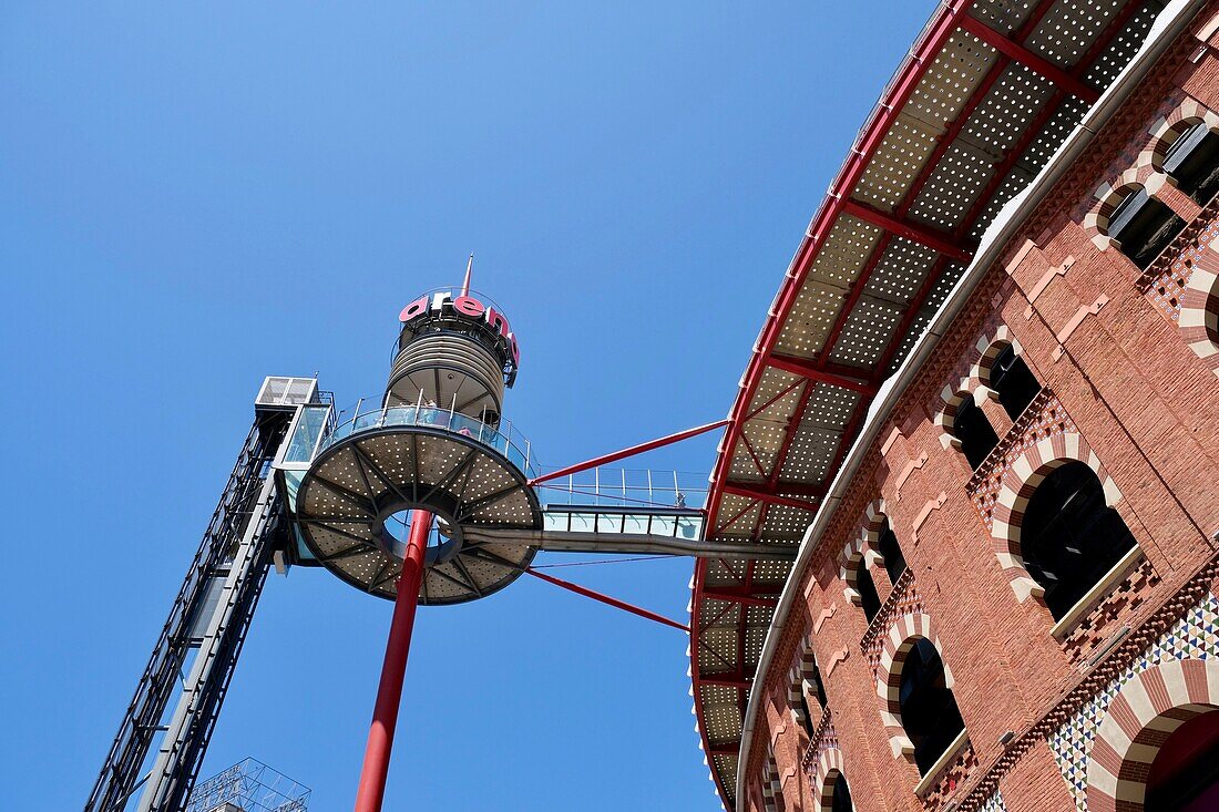 Spain, Catalonia, Barcelona, Montjuic Hill, Las Arenas shopping mall, oldest bullring designed in 1900 by architect August Font i Carreras in a neo-Mudejar transformed by architect Richard Rogersl