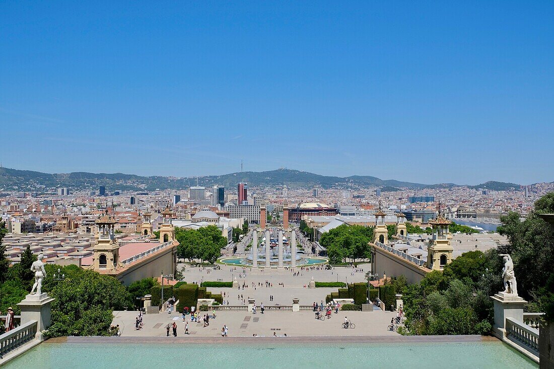 Spain, Catalonia, Barcelona, Montjuic Hill, the four old columns by architect Puig i Cadafalch in front of the Plaça de Espanya and the Avenida de la Reina Maria Cristina