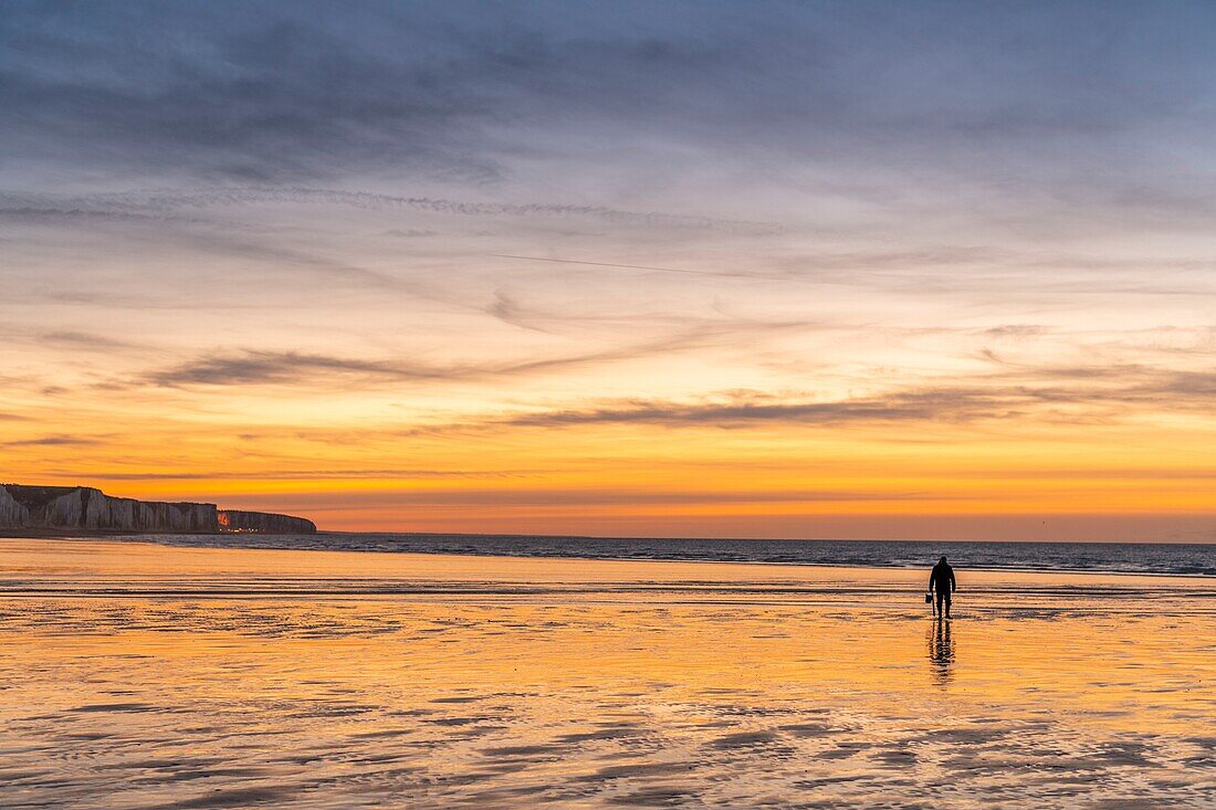 France, Somme, Ault, Sunset on the cliffs from the beach of Ault, walkers and photographers come to admire the landscape and seabirds, a fisherman returns with his harvest of bloodworms