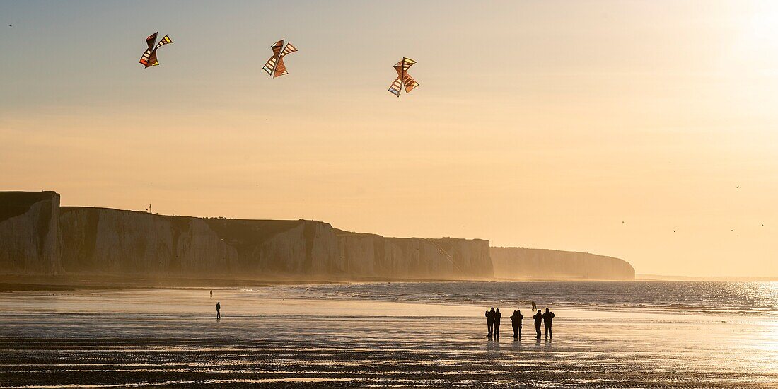 Frankreich, Somme, Ault, Team von Cervicisten, die das synchrone Drachensteigen am Strand von Ault in der Nähe der Klippen bei Sonnenuntergang trainieren