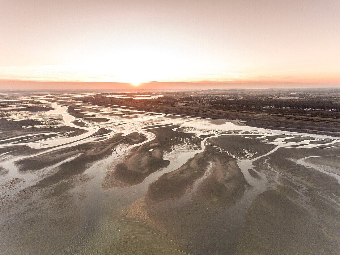 France, Somme, Baie de Somme, La Mollière d'Aval, flight over the Baie de Somme near Cayeux sur Mer, here the shoreline consists of the pebble cord that extends to the cliffs of Ault and at low tide the sandbanks extend to view