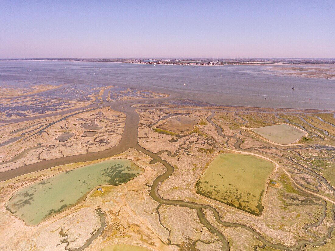 Frankreich, Somme, Baie de Somme, Saint Valery sur Somme, Kap Hornu, die gesalzenen Wiesen, in die das Meer bei Flut eindringt, die Kanäle und die Teiche der Jagdhütten sind dann deutlich sichtbar (Luftaufnahme)