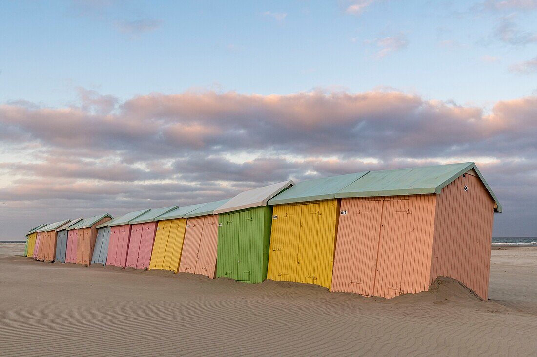 Frankreich, Pas de Calais, Berck sur Mer, Strandhütten in Berck sur Mer am Ende der Saison, der Wind hat den Strand weggefegt und die Erosion nagt an den Stützen der Hütten, die wackeln und eine Nebensaisonatmosphäre vermitteln