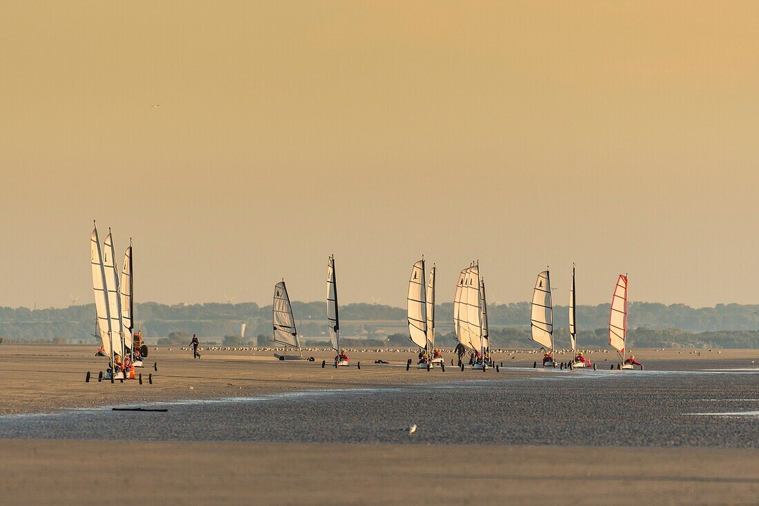 France, Somme, Marquenterre, Quend-Plage, The large sandy beaches of the windswept coast of Picardy are an ideal place for the practice of the sail-hauler