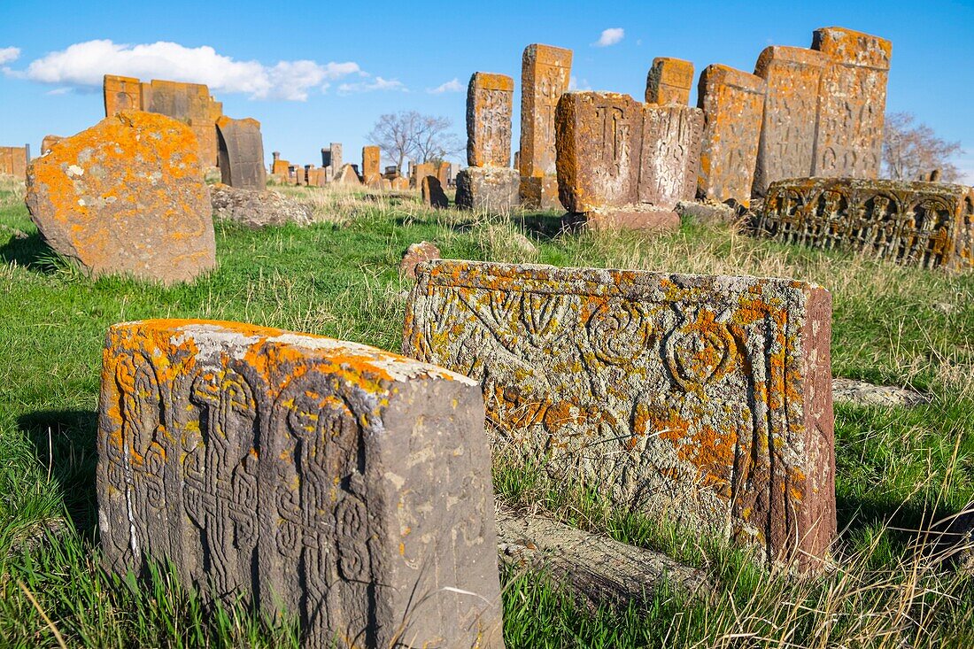 Armenien, Region Gegharkunik, Umgebung von Sewan, Noraduz (oder Noratus), Friedhof mit mittelalterlichen Gräbern, genannt Khachkars, am Ufer des Sewansees