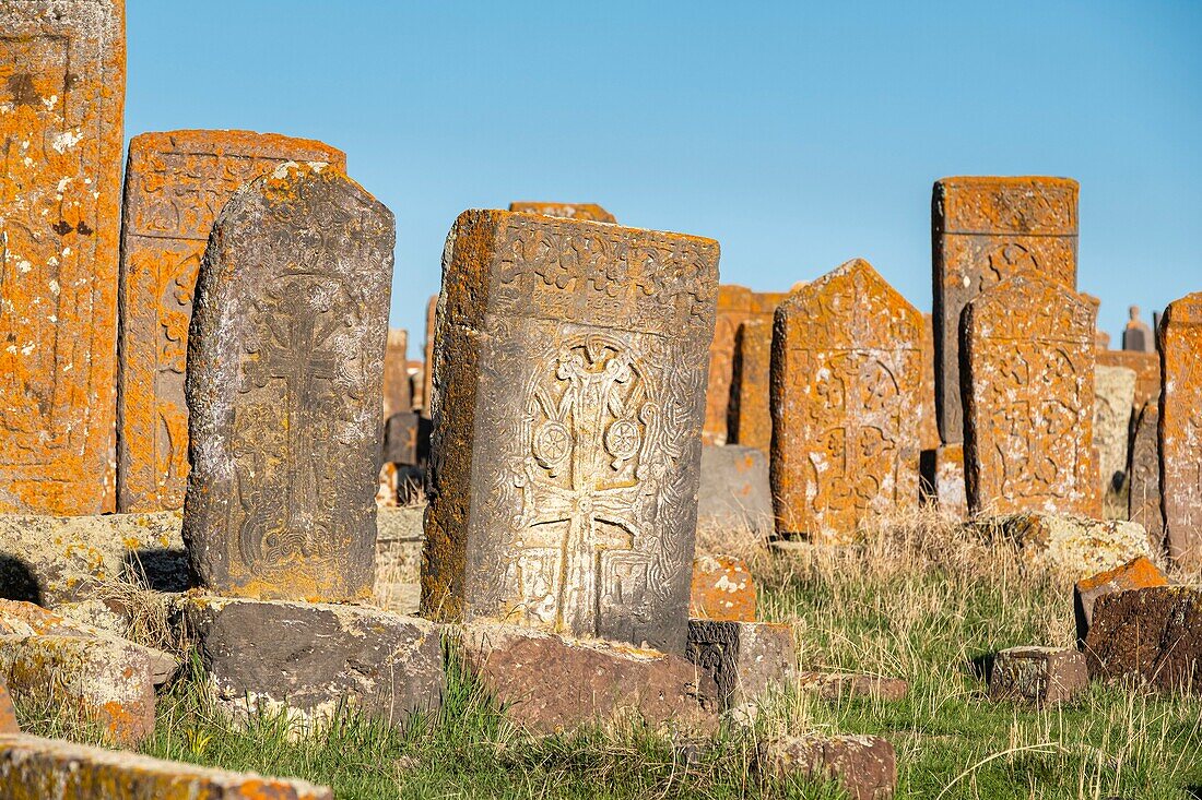 Armenia, Gegharkunik region, surroundings of Sevan, Noraduz (or Noratus), cemetery of medieval tombs called khachkars on the banks of Sevan lake