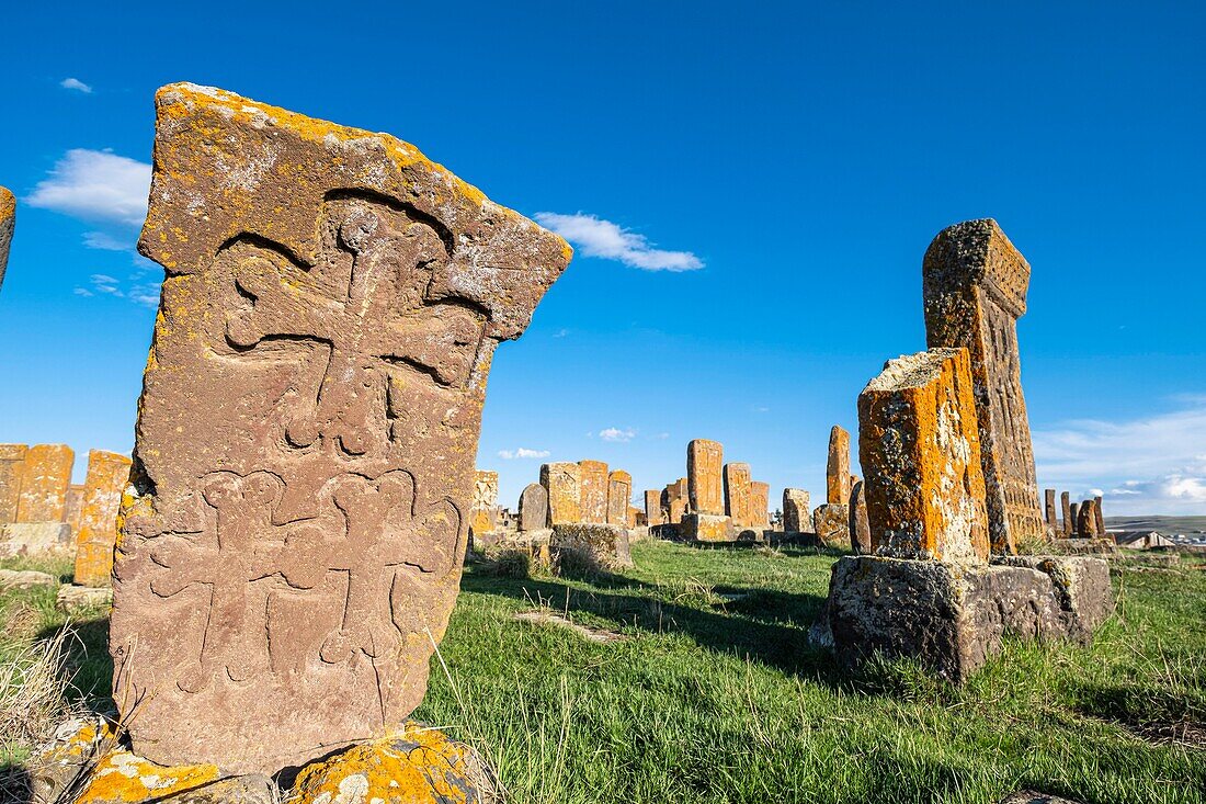 Armenia, Gegharkunik region, surroundings of Sevan, Noraduz (or Noratus), cemetery of medieval tombs called khachkars on the banks of Sevan lake