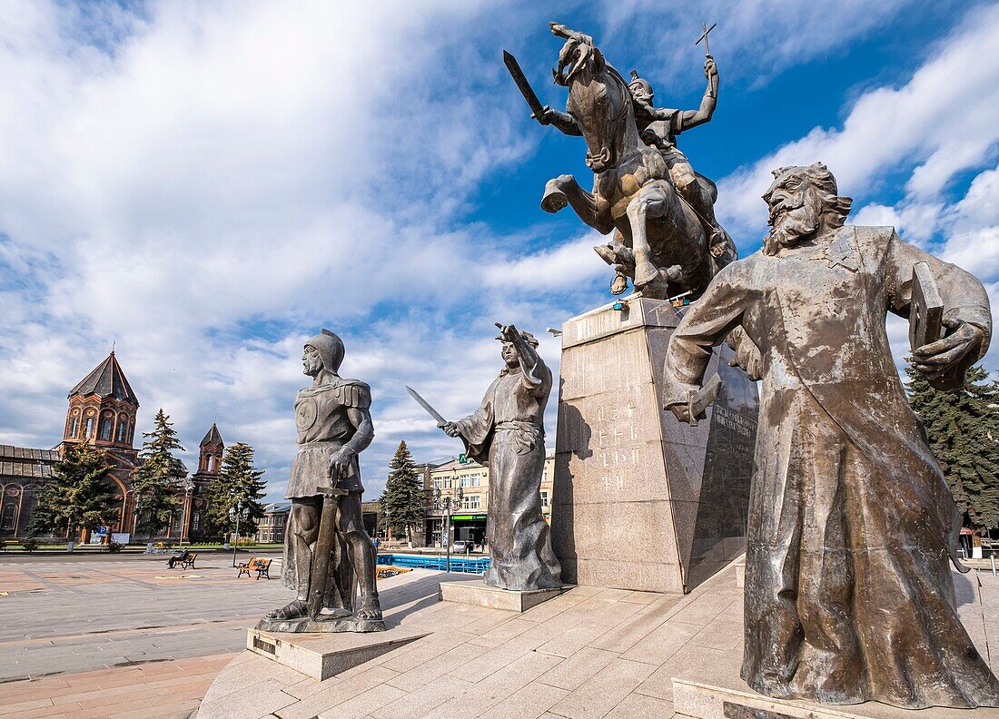 Armenia, Shirak region, Gyumri, historic district or Kumayri, Freedom square or Vartanants square, memorial to the Battle of Avarayr erected in 2008 and including historic Armenian figures and the equestrian statue of Vartan Mamikonian