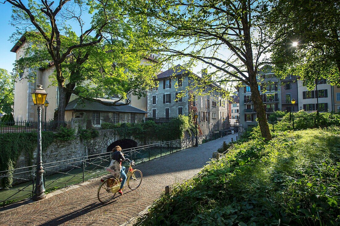 Frankreich, Haute Savoie, Annecy, entlang des Kanals Thiou, der Kai der Kathedrale sehr sportlich und der Glockenturm der Kirche Notre Dame