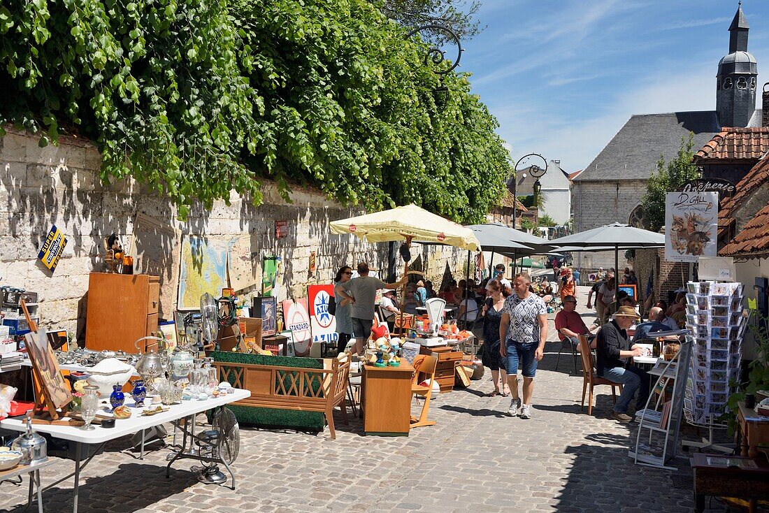 France, Pas de Calais, Montreuil sur Mer, rue du Clape in Bas, flea market with the chapel of the Orphanage in the background