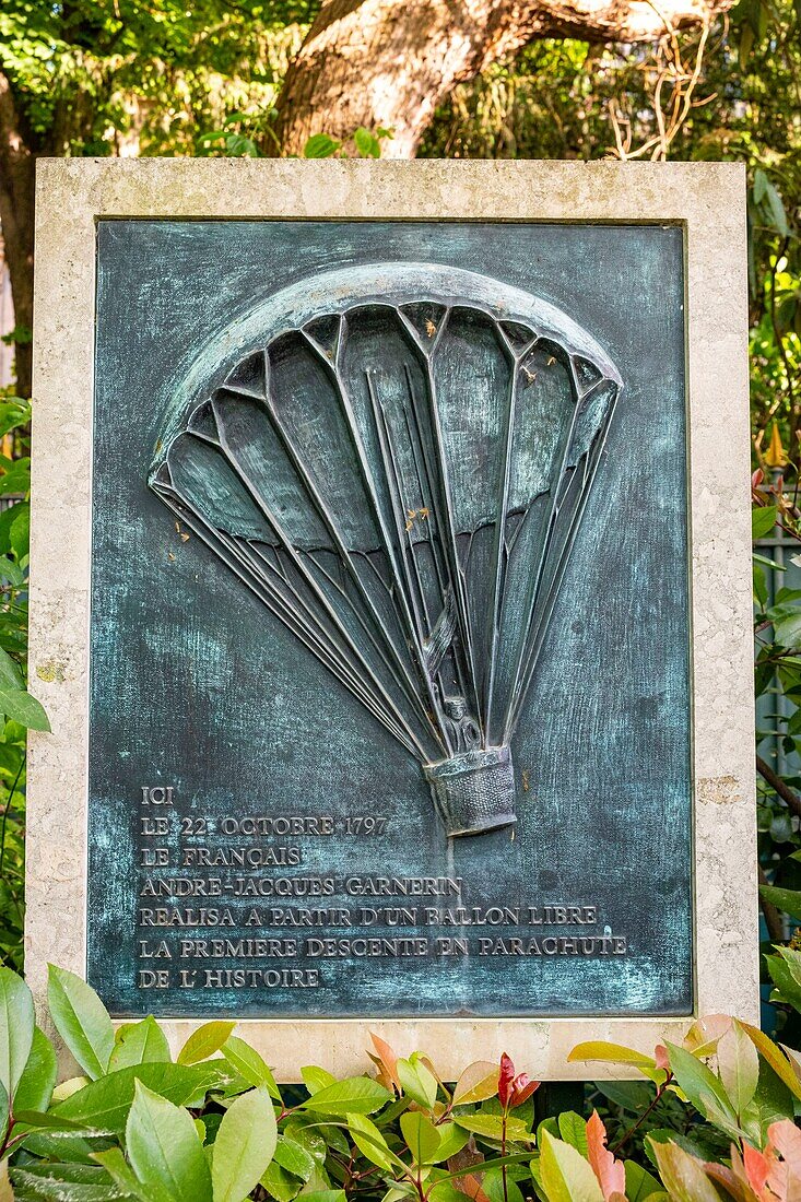 France, Paris, Parc Monceau, commemorative plaque of the first parachute jump