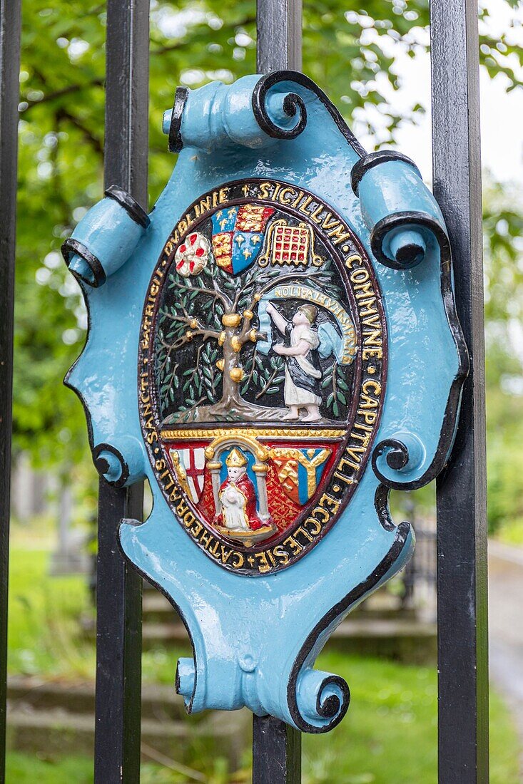 Ireland, Dublin, St. Patrick's Cathedral, religious medallion on the entrance gate