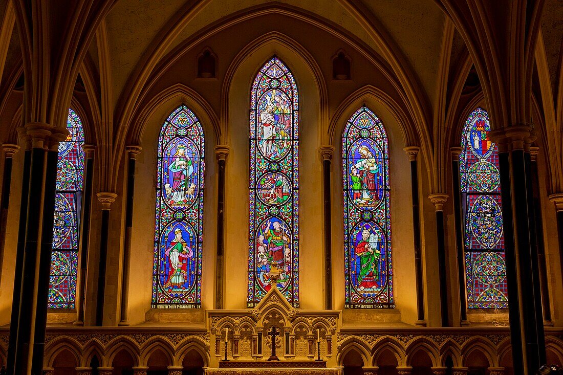 Irland, Dublin, St. Patrick's Kathedrale, Anglikanischer Gottesdienst zur Belagerung der irischen Kirche, Glasfenster, die die verschiedenen Lebensabschnitte des Heiligen Patrick beschreiben