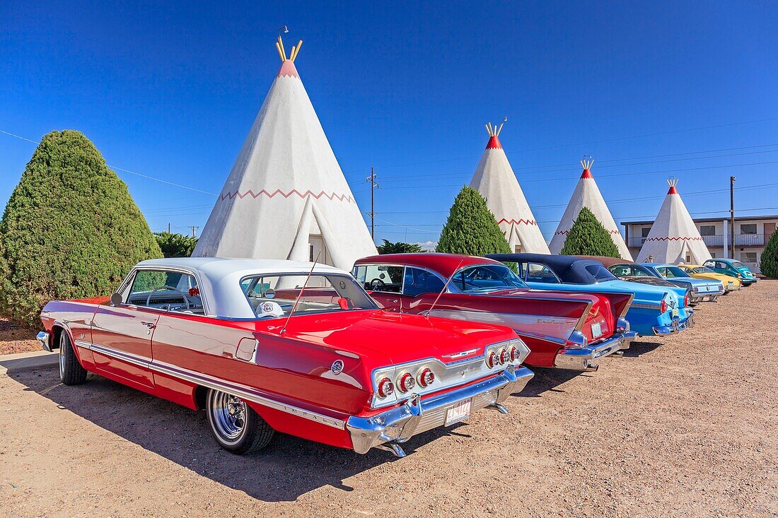 United States, Arizona, Route 66, Holbrook, Wigwam Motel listed on the National Registered of Historic Places with collector cars