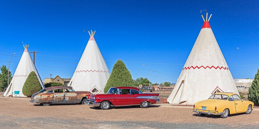 United States, Arizona, Route 66, Holbrook, Wigwam Motel listed on the National Registered of Historic Places with collector cars