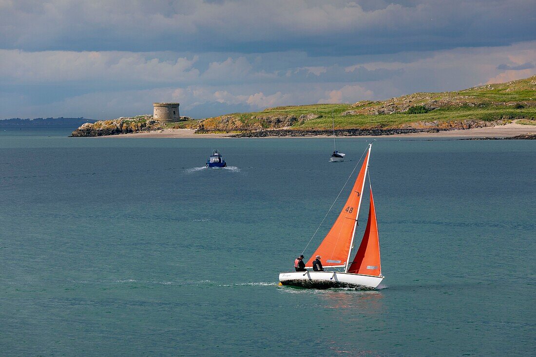 Ireland, Fingal County, northern suburbs of Dublin, Howth, sailboats off the wild island of Ireland's Eye