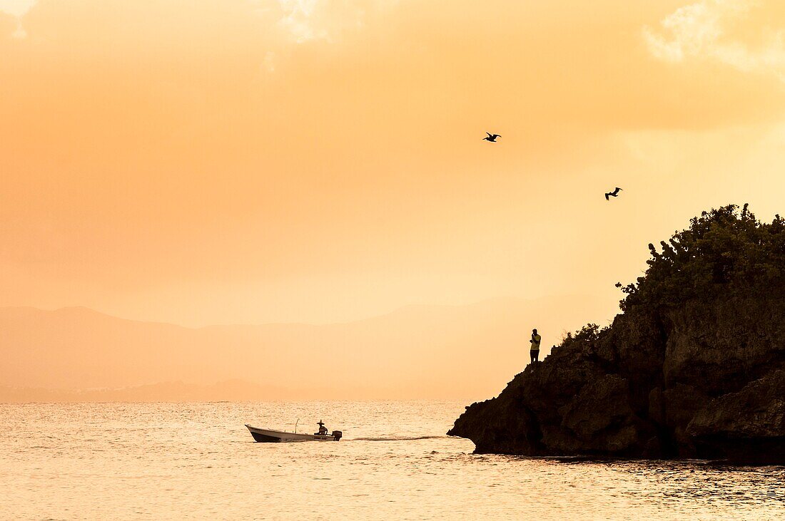 France, Caribbean, Lesser Antilles, Guadeloupe, Grande-Terre, Le Gosier, sunset on a fishing boat and the coastline overflown by 2 brown Pelicans (Pelecanus occidentalis) from the beach of the Créole Beach hotel