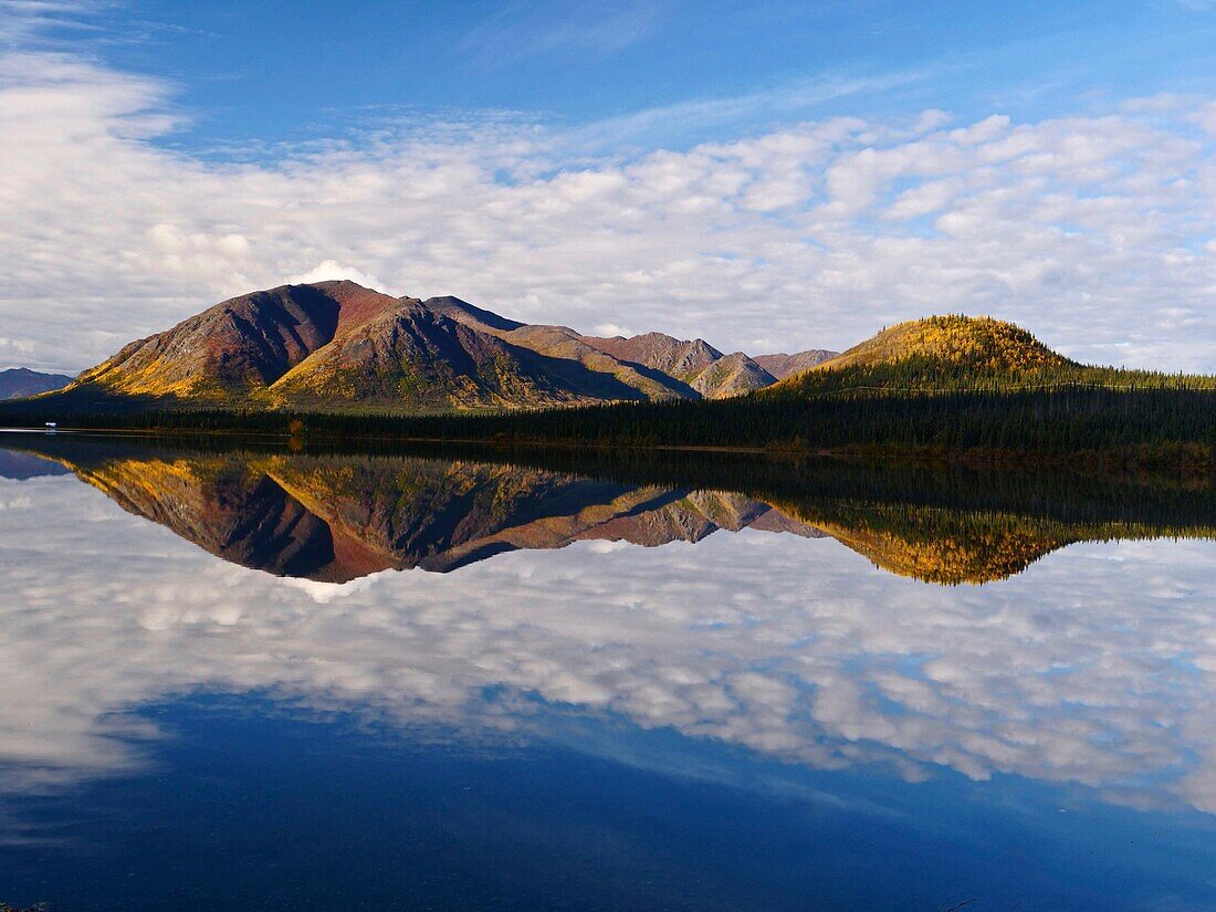 United States, Alaska, landscape reflection on a lake on the road to Valdez