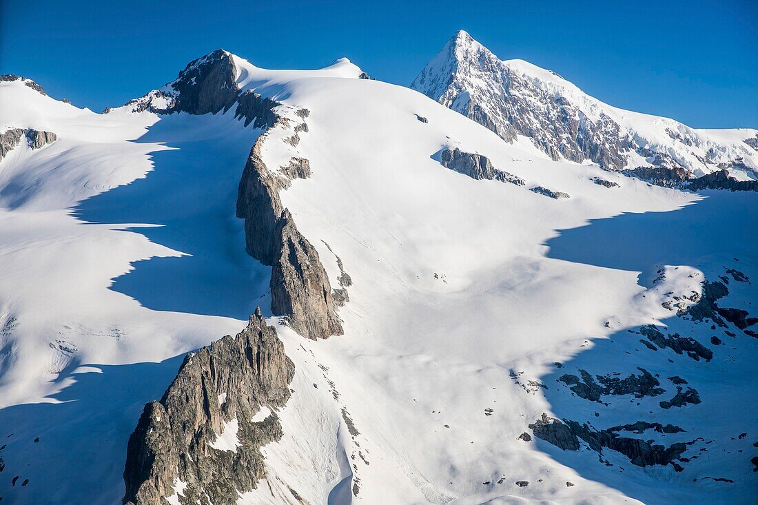 Switzerland, Canton of Valais, the mount Nadelhorn (4327m) and the mount Stecknadelhorn (4241m) (aerial view)